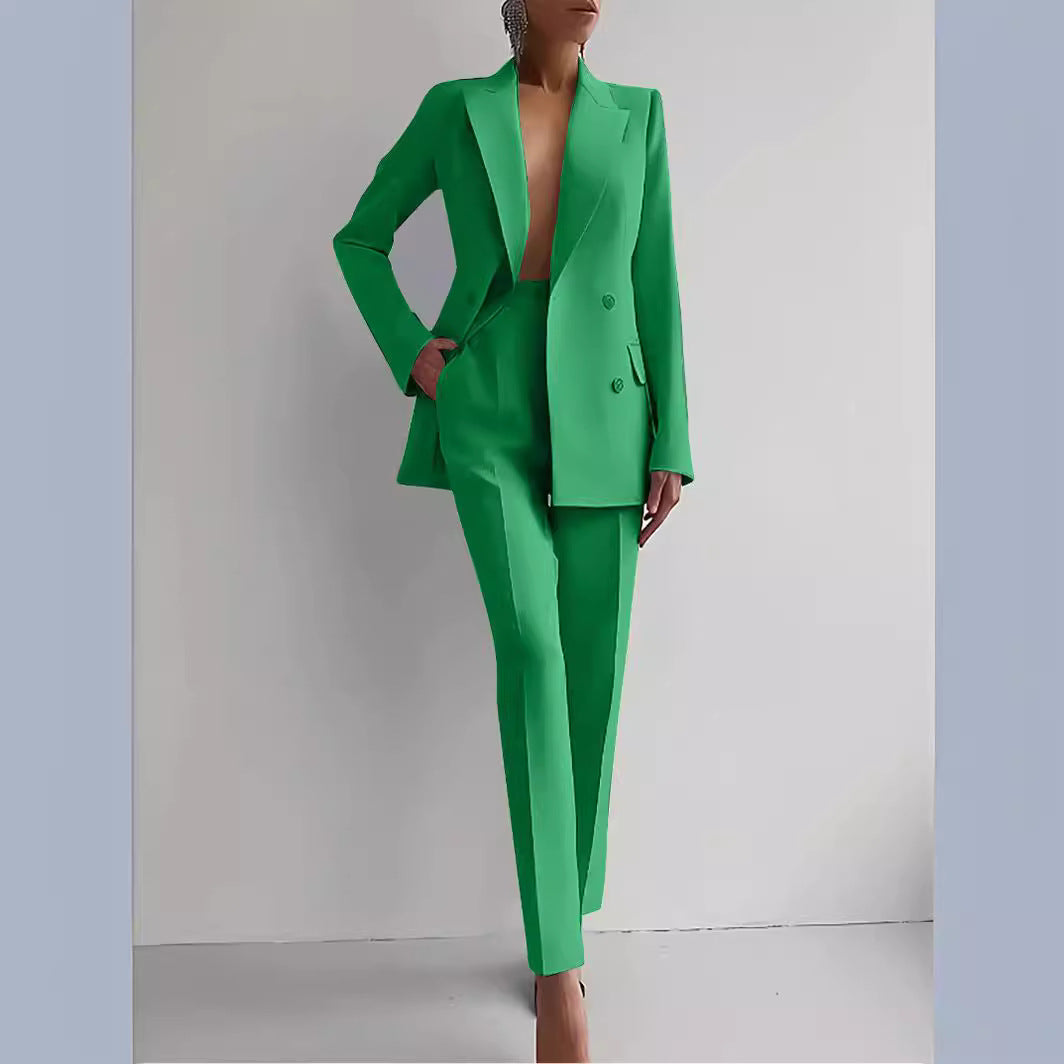 Women's Wool Mix Formal Double Breasted Blazer and Trousers Suit