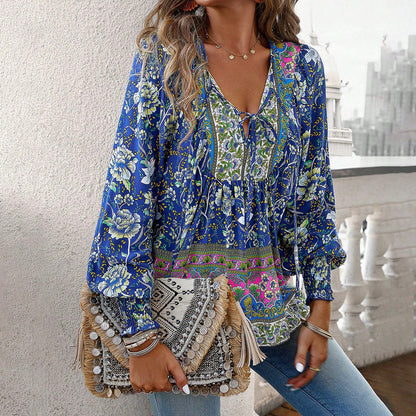 Women’s Floral Tie Front Blouse – Lightweight Breathable Comfortable Stylish Casual Long Sleeve Top