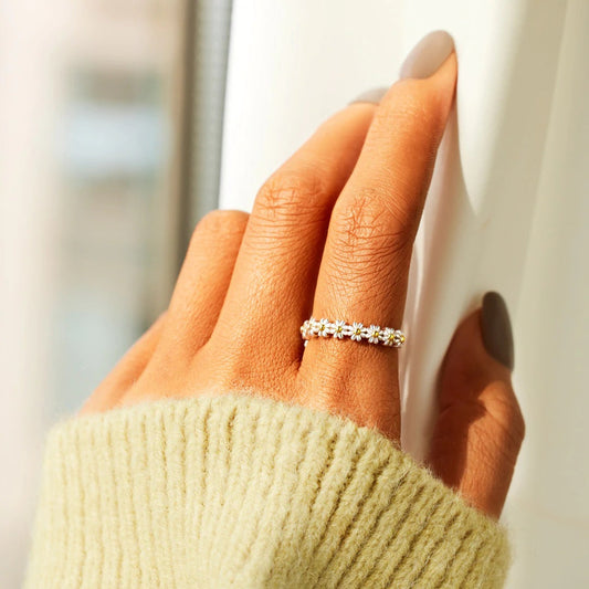 Floral Daisy Band Ring in Gold Tone with Enamel Petal Accents