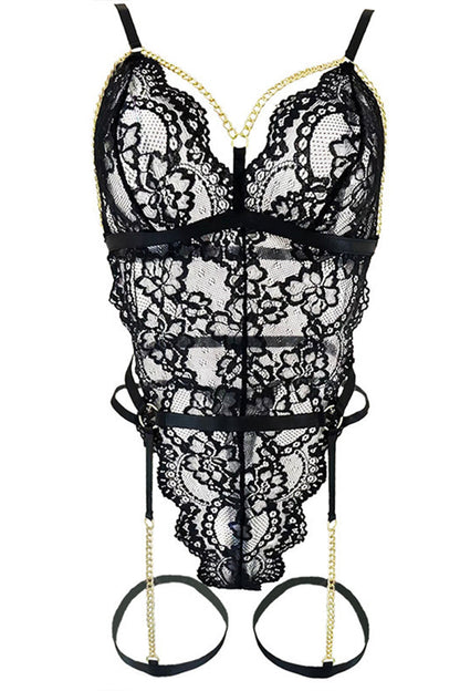 Black Lace Bodysuit Gold Chain Garter Belt dames