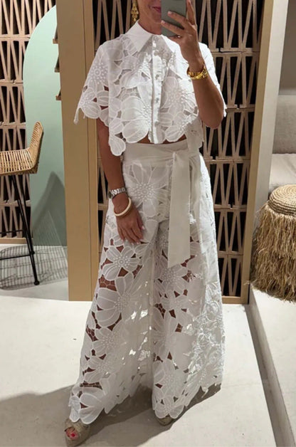 Women’s Lace Two-Piece Set – Floral Wide-Leg Pants & Crop Top
