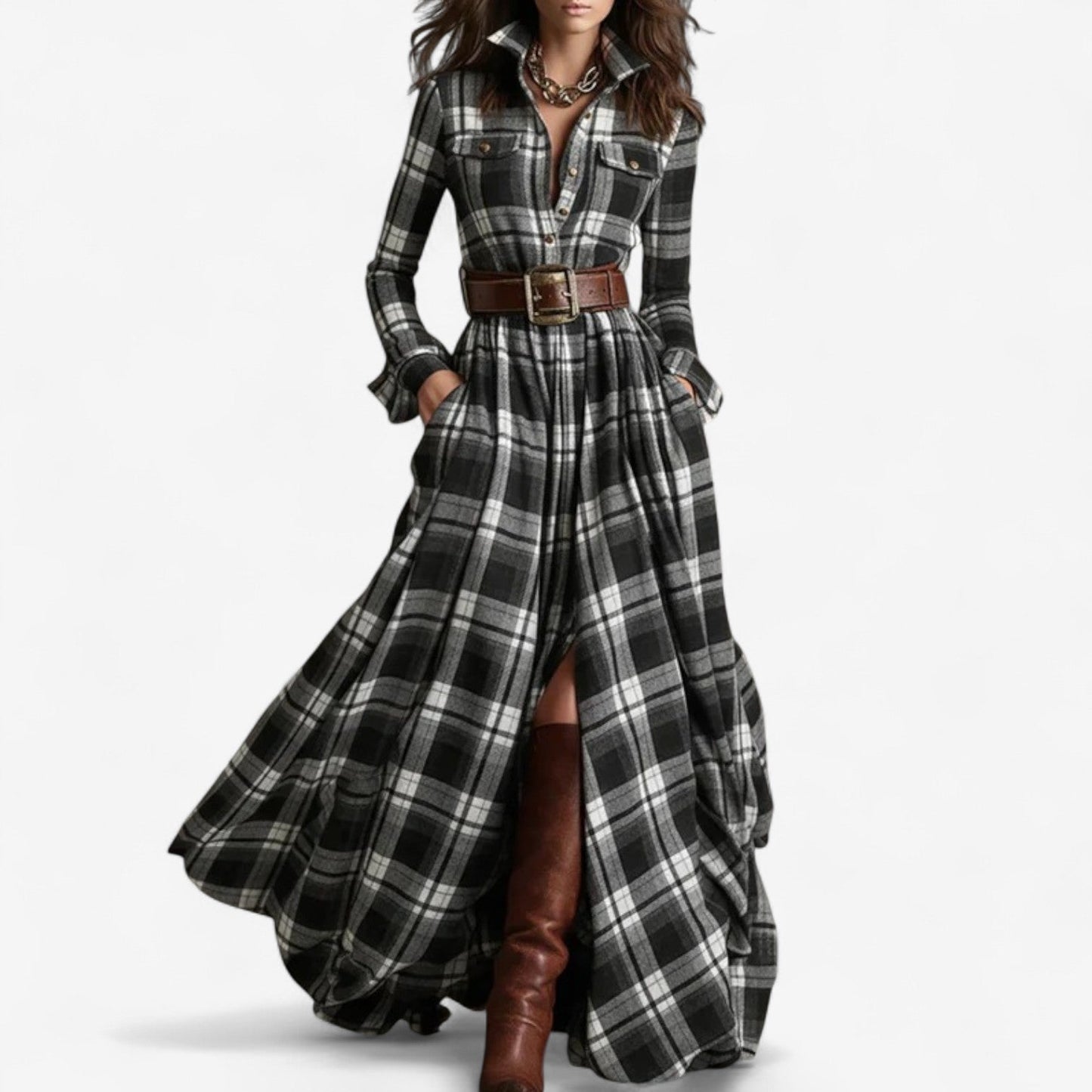 Elegantes zeitloses kariertes Maxikleid