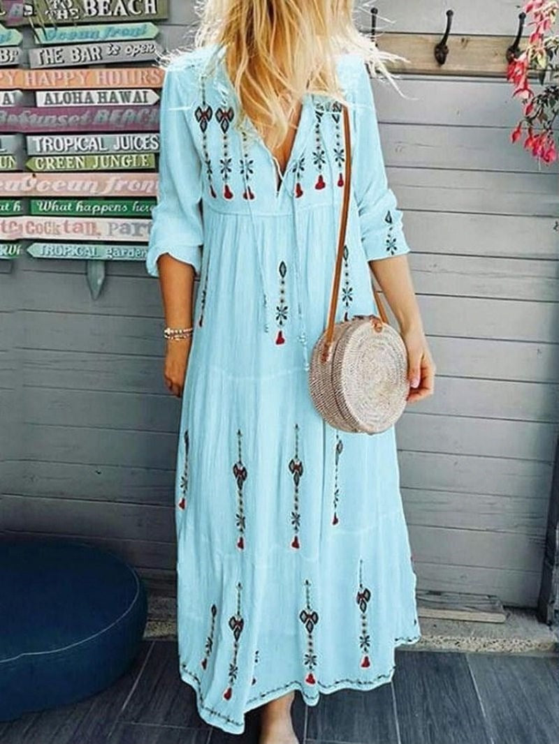 Elegant Boho-Kjole med Unikke Broderede Detaljer