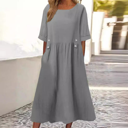 Robe Femme Ample Mi-Longue Col Rond Manches Courtes en Coton Lin pour Style Élégant et Confort Estival