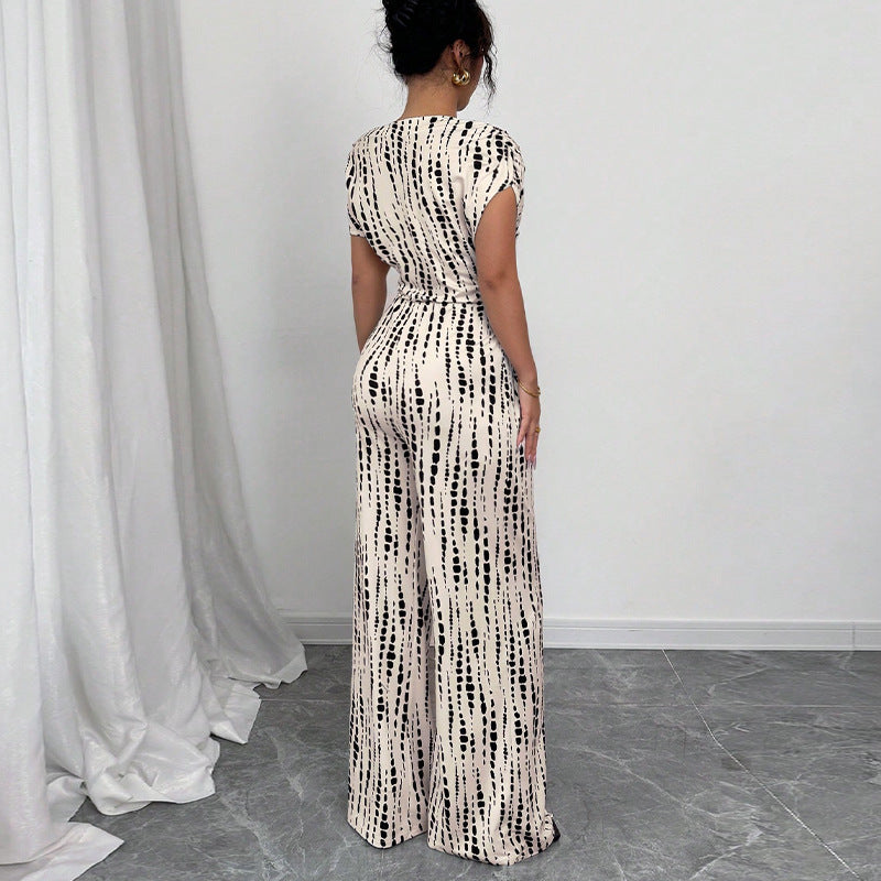 Women's Printed Wide Leg Jumpsuit One Shoulder Belted