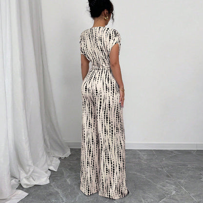 Women's Printed Wide Leg Jumpsuit One Shoulder Belted