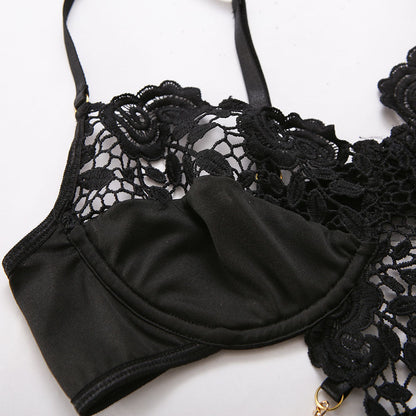 Black Lingerie Set Crochet Flower Chain Garter dames