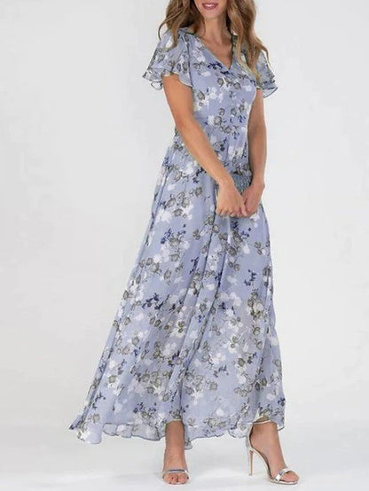 Robe longue fleurie bleue pour femme, manches courtes, col en V, élégante et estivale, idéale pour occasions spéciales et soirées.