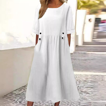 Robe Femme Ample Mi-Longue Col Rond Manches Courtes en Coton Lin pour Style Élégant et Confort Estival