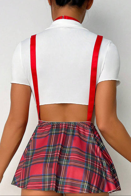 Rood geruite schoolgirl set met jarretels – 5-delig