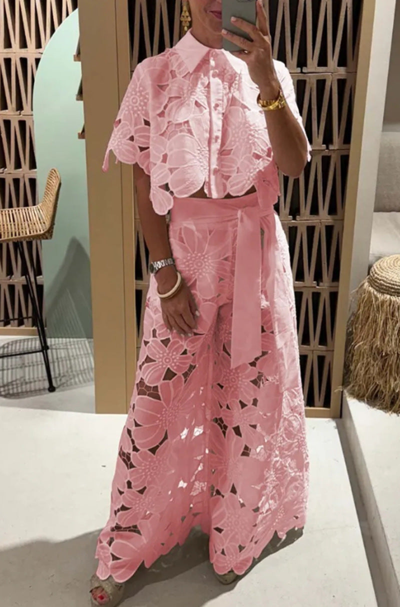 Women’s Lace Two-Piece Set – Floral Wide-Leg Pants & Crop Top