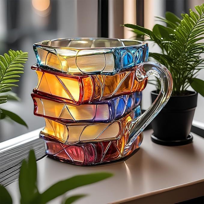 Farverig glas-kop med mosaikdesign på hvidt bord, omgivet af grønne planter. Unikt kunsthåndværk, moderne boligindretning, dekorativt glas.