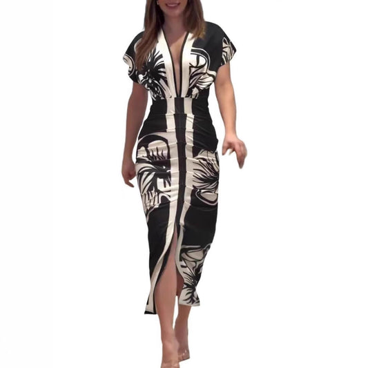 Lunavierre - Bedrucktes V-Ausschnitt Kleid mit Schlitz