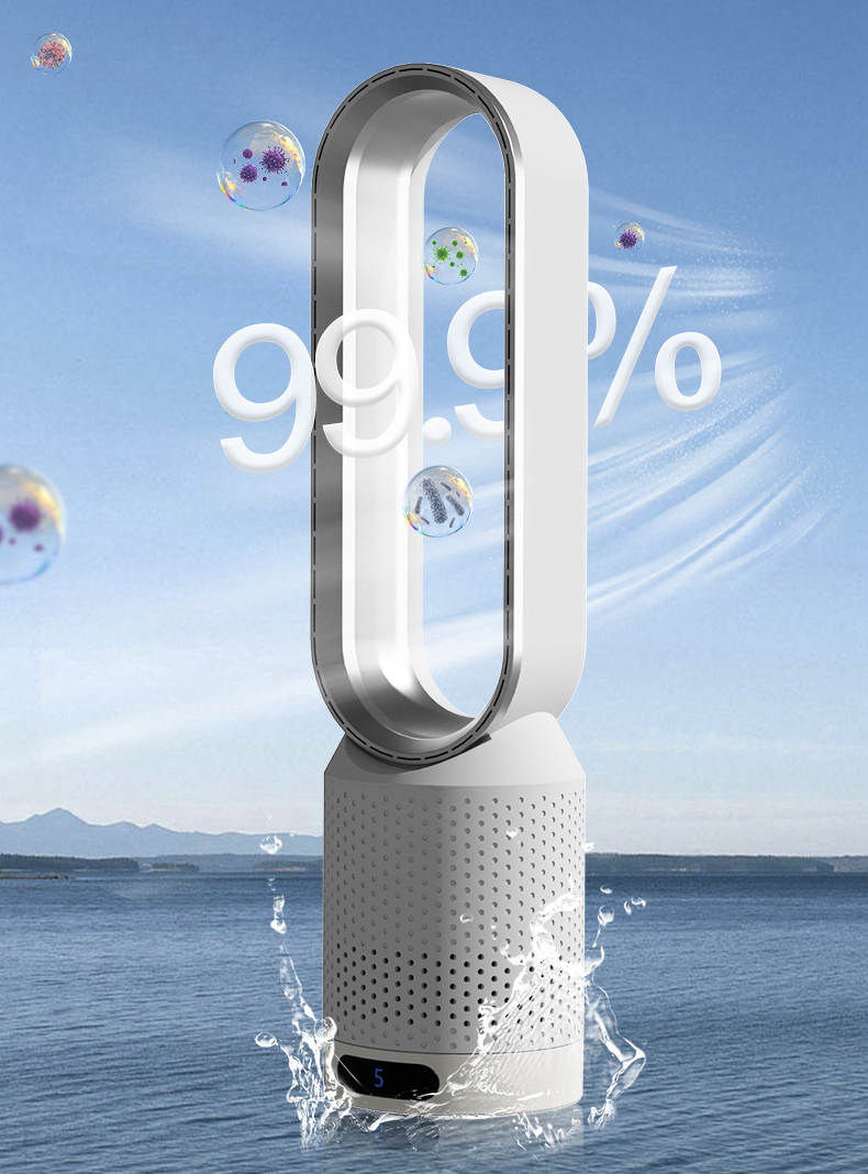 Purificateur d'air sans pales sur fond d'eau, affichant "99,9%" avec bulles flottantes. Design moderne, efficacité de filtration élevée.