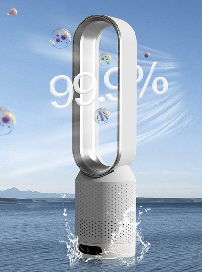 Purificateur d'air sans pales sur fond d'eau, affichant "99,9%" avec bulles flottantes. Design moderne, efficacité de filtration élevée.