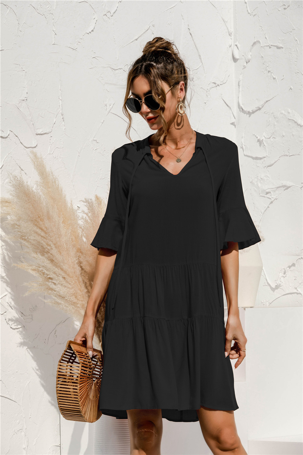 Robe Mini Femme à Col V – Style Été Taille Basse à Volants