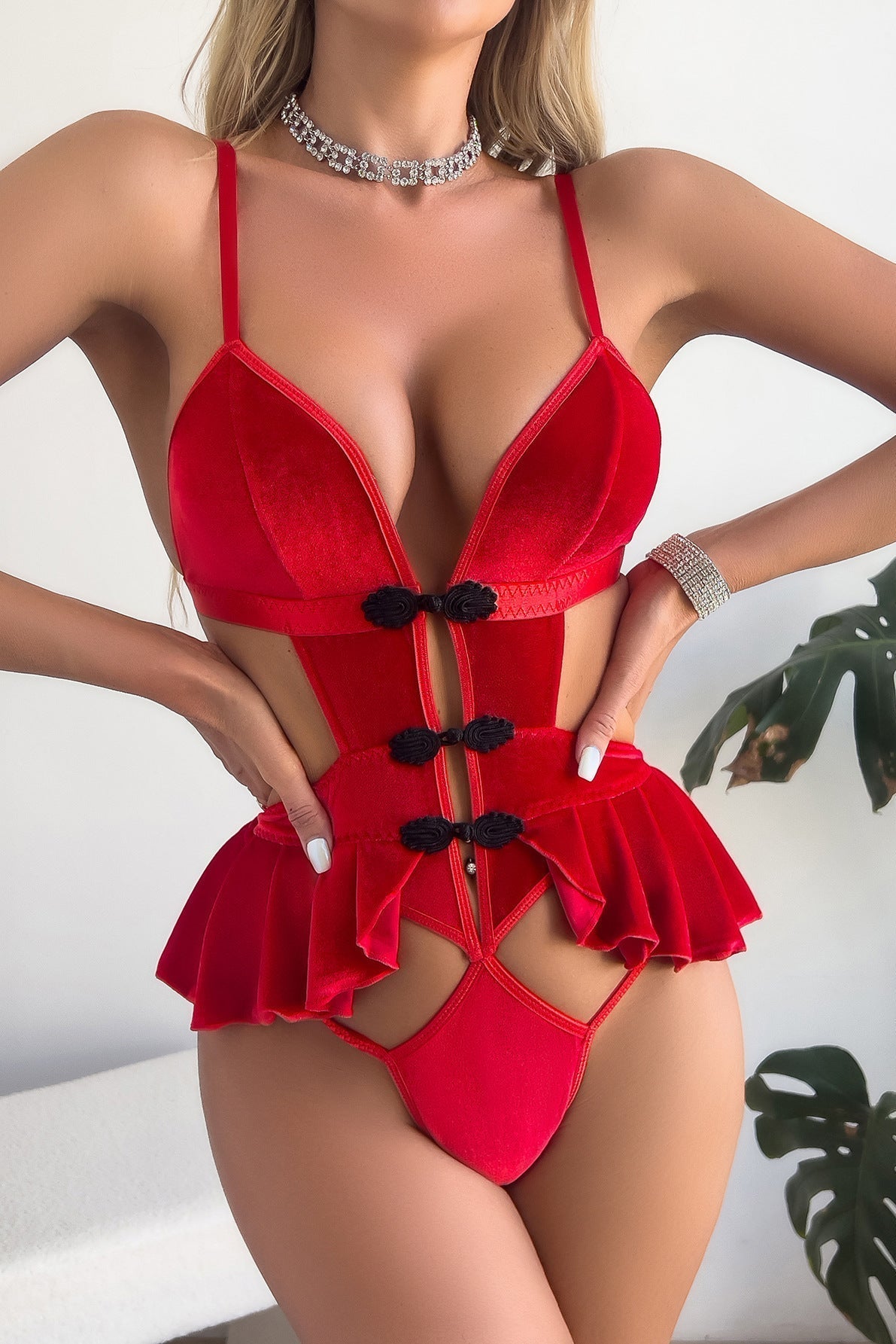 Red Velvet Black Chinese Buttons Ruffle Exotic Sexy Thong Asian Lingerie