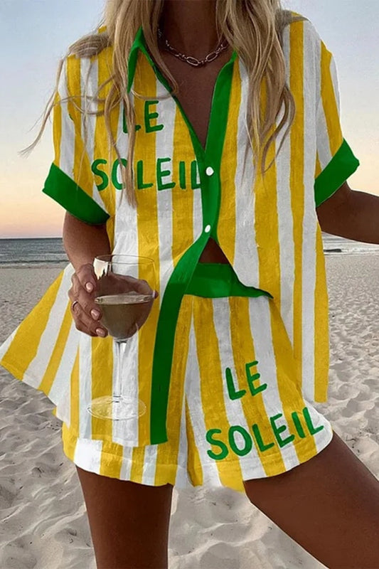 Halora - Short Linen Set in Yellow Stripes