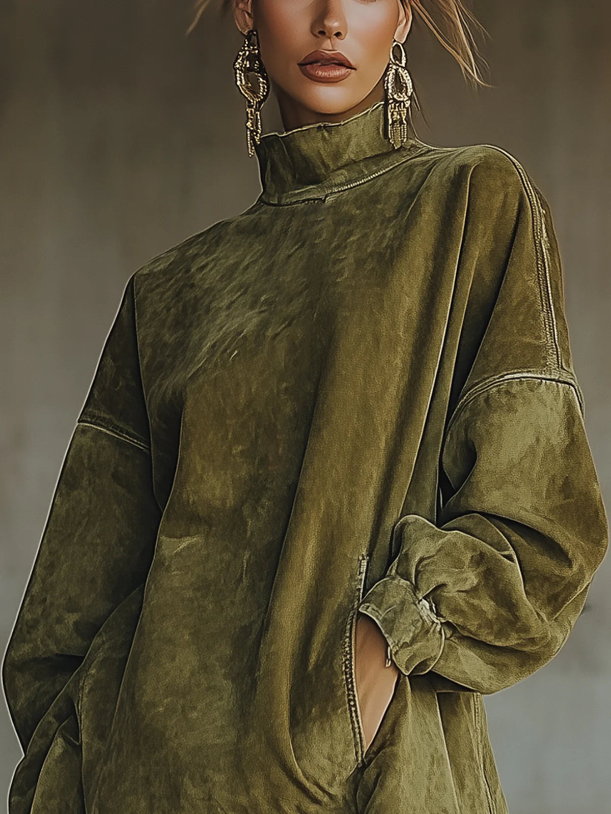 Damenkleid mit Rollkragen, aus Kunstwildleder mit Fransen