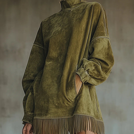 Damenkleid mit Rollkragen, aus Kunstwildleder mit Fransen