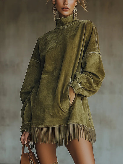 Mara | High-Neck Suede Dress with Fringe Details