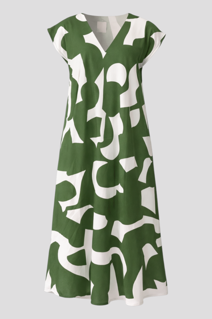 Abito Donna Maxy con Stampa Astratta - Verde - abito estivo abito lungo abito maxy materiale leggero moda femminile scollatura a V stampa astratta stile artistico taglie disponibili vestibilità comoda - Concept Palermo