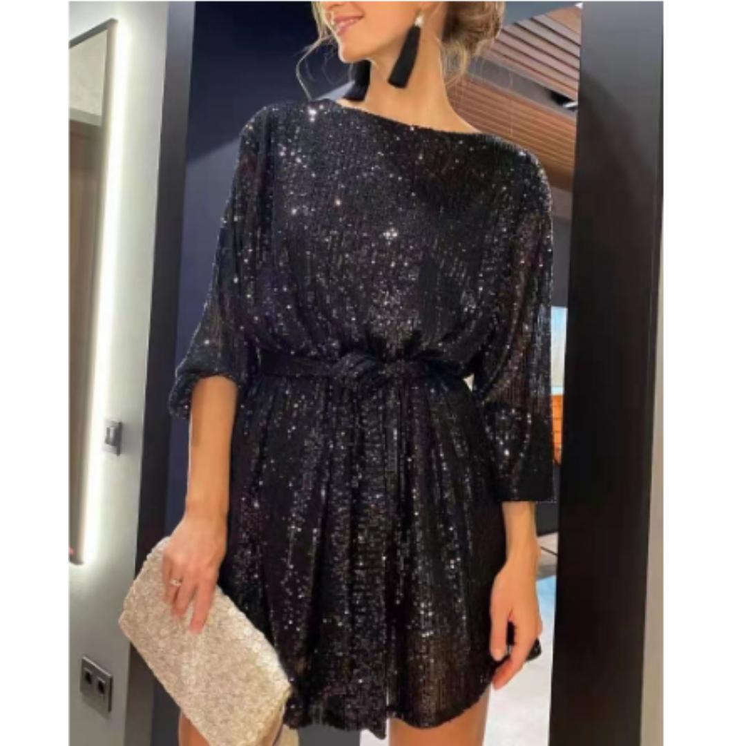 Olivia | Women's Prom Dress With Long Sleeves And Pleated Texture Sparkle Fit-and-Flare Night Out Look