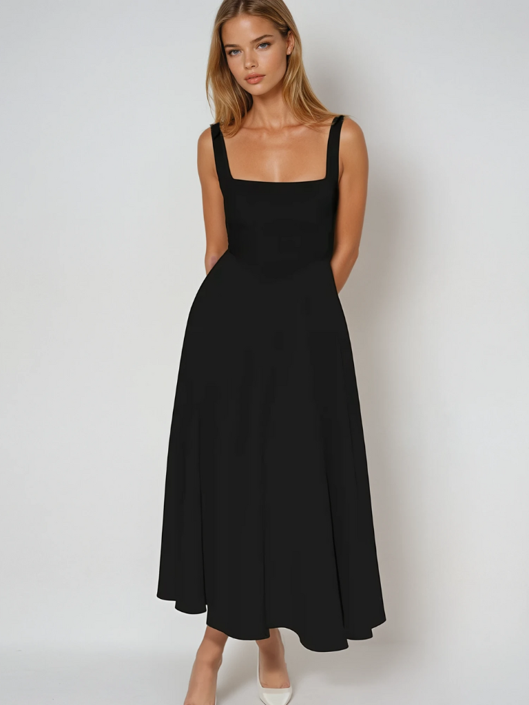 Carolina – Vestido de Gala com Decote Carmen e Saia Fluida