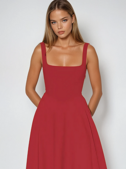 Carolina – Vestido de Gala com Decote Carmen e Saia Fluida