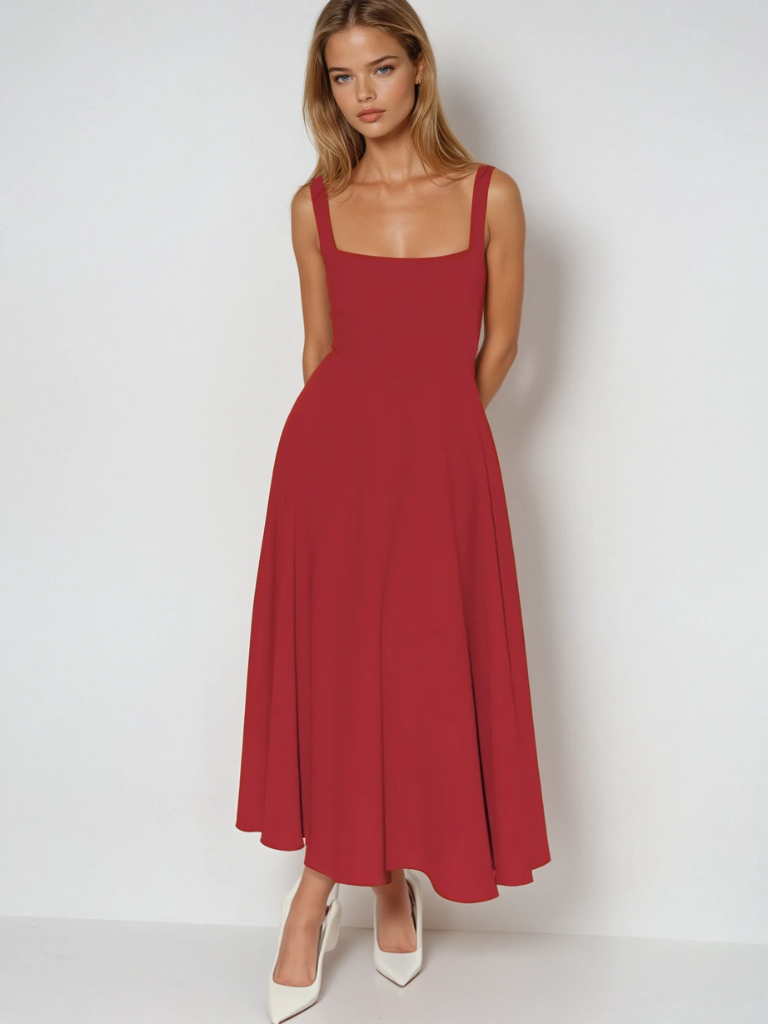 Carolina – Vestido de Gala com Decote Carmen e Saia Fluida