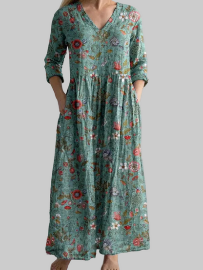 Luna | Vintage Floral Print V Neck Maxi Dress