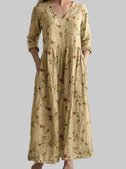 Luna | Vintage Floral Print V Neck Maxi Dress