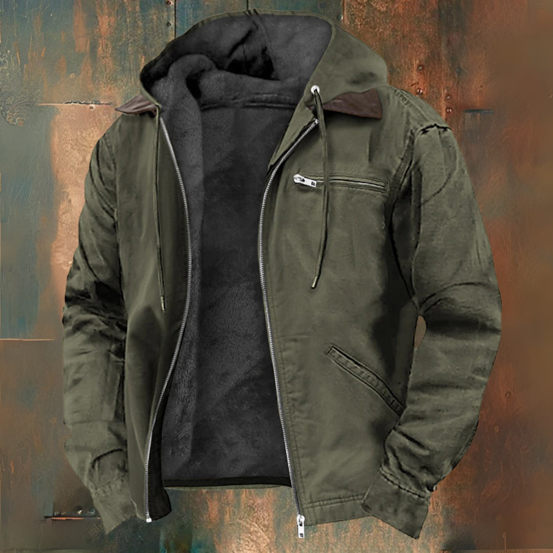 Veste à capuche verte pour homme, doublée en polaire, avec fermeture éclair, poches zippées, style décontracté, idéale pour l'hiver.