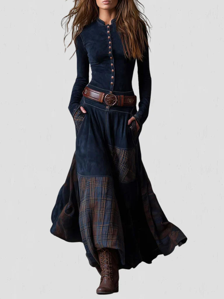 Stela | Rochie maxi din ante cu brâu
