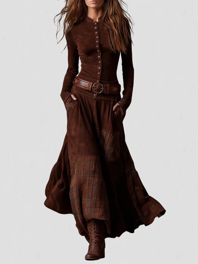 Stela | Rochie maxi din ante cu brâu