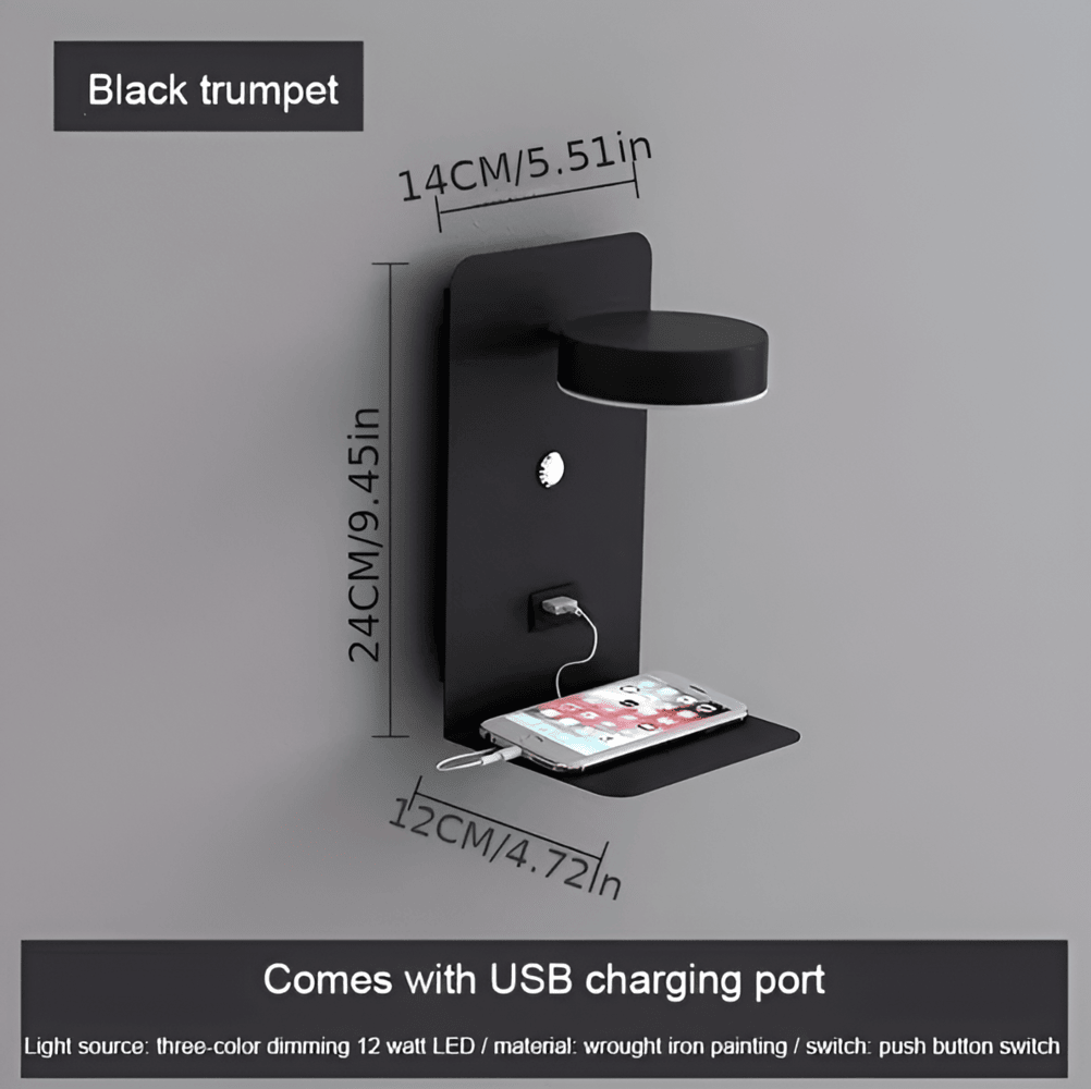 DualDelight – Justerbar Sänglampa med Hylla, USB & Väljbar Installation