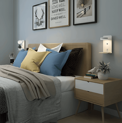 DualDelight – Justerbar Sänglampa med Hylla, USB & Väljbar Installation