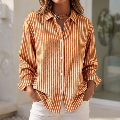 Relaxed-Fit Striped Button-Down Shirt Blouse with Cuffed Sleeves