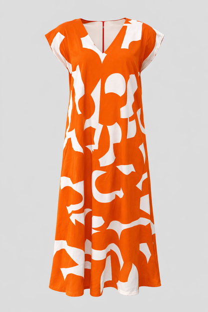 Abito Donna Maxy con Stampa Astratta - Arancione - abito estivo abito lungo abito maxy materiale leggero moda femminile scollatura a V stampa astratta stile artistico taglie disponibili vestibilità comoda - Concept Palermo