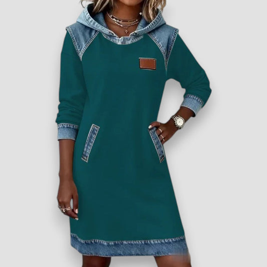 Hooded Sweatshirt Women Fleece Dress Denim Trim Hoodie