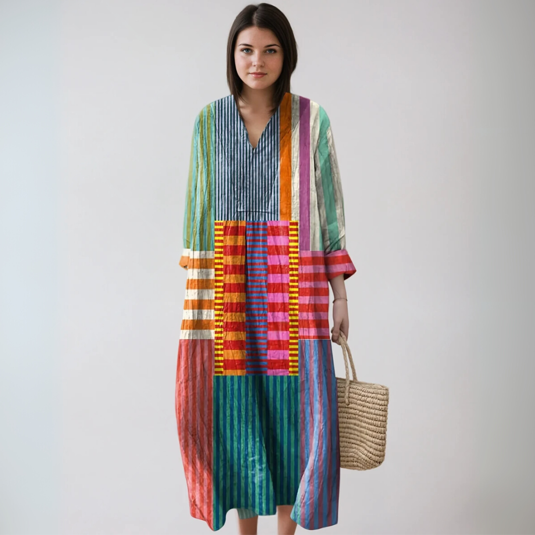Miranda | Women Maxi Summer Dress V Neck Patchwork Print Long Sleeve Rolled Cuffs