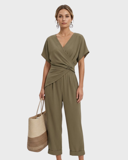 Grace Ensemble Femme 2 Pièces – Blouse Croisée Élégante & Pantalon Large Fluide