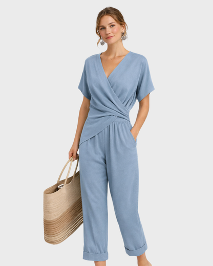 Grace Ensemble Femme 2 Pièces – Blouse Croisée Élégante & Pantalon Large Fluide