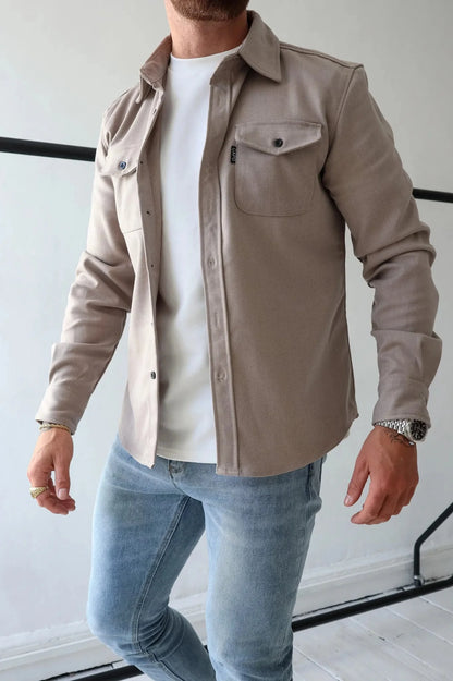 OverShirt - Herren Button-Up Langarm Shirt Jacke mit Brusttaschen-Aprikose-S-Chaps Herrenmode