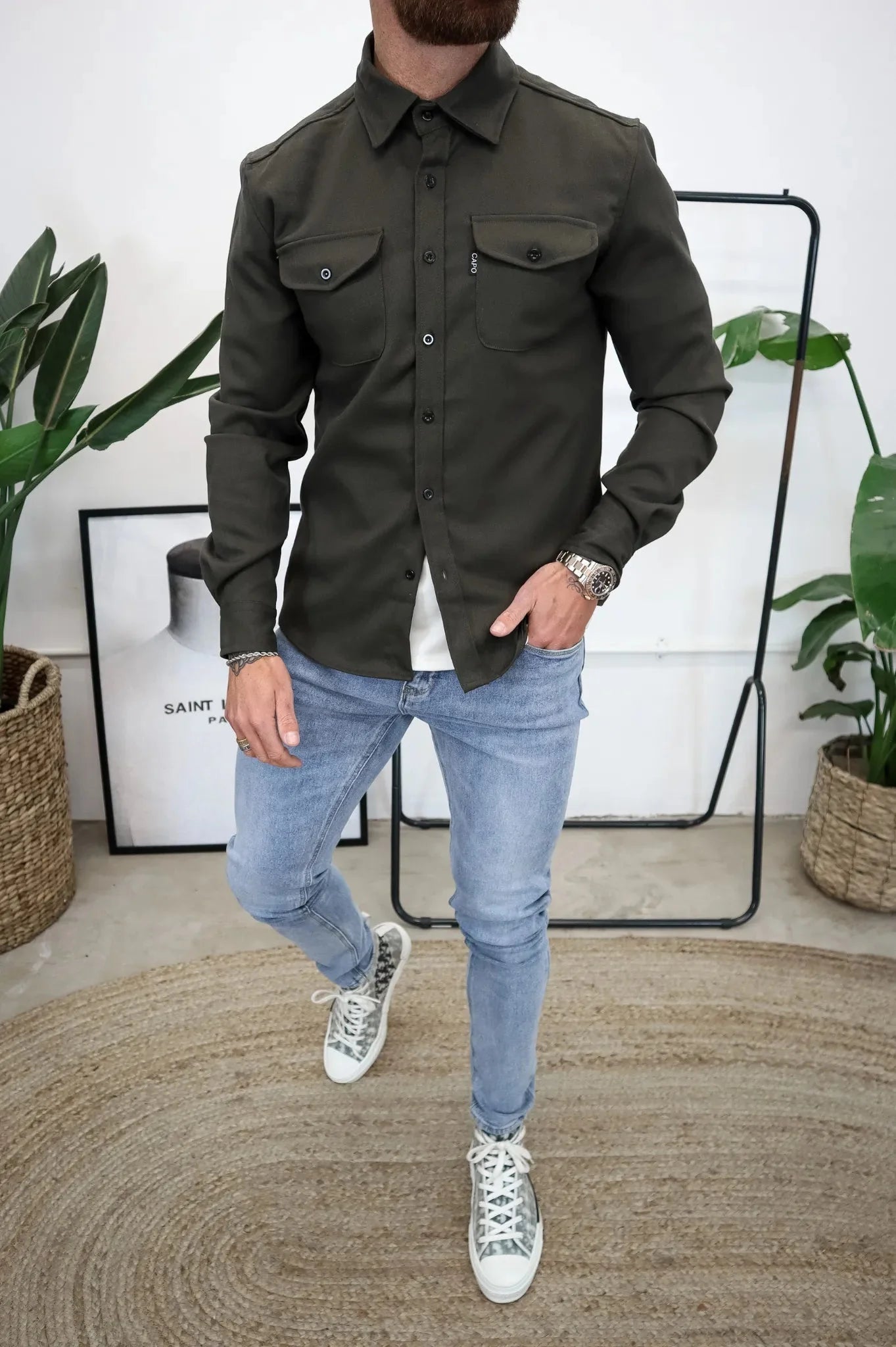 OverShirt - Herren Button-Up Langarm Shirt Jacke mit Brusttaschen-Armeegrün-S-Chaps Herrenmode