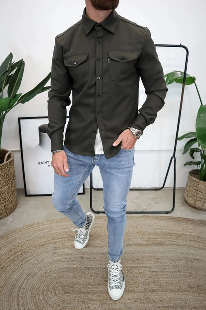 OverShirt - Herren Button-Up Langarm Shirt Jacke mit Brusttaschen-Armeegrün-S-Chaps Herrenmode