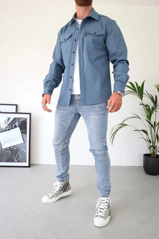 OverShirt - Herren Button-Up Langarm Shirt Jacke mit Brusttaschen-Blau-S-Chaps Herrenmode