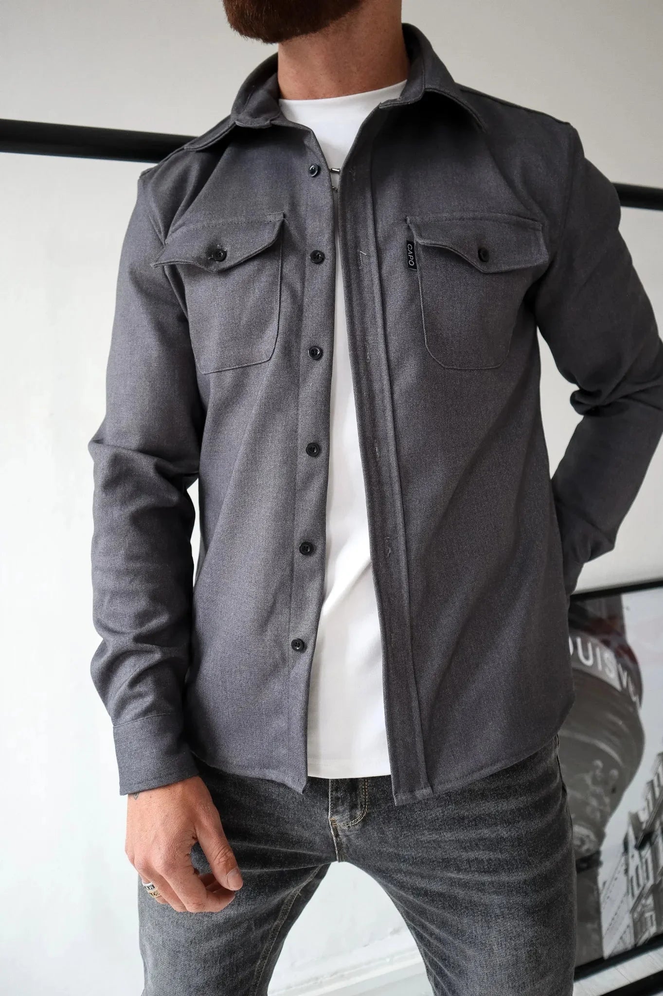 OverShirt - Herren Button-Up Langarm Shirt Jacke mit Brusttaschen-Dunkelgrau-S-Chaps Herrenmode