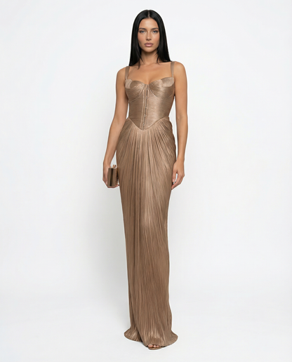 Stella | Gold Glossy Pleated Corset Maxi Dress