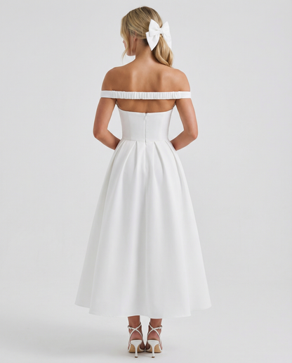 Madeline | Plunge Bardot Neckline Midi Dress